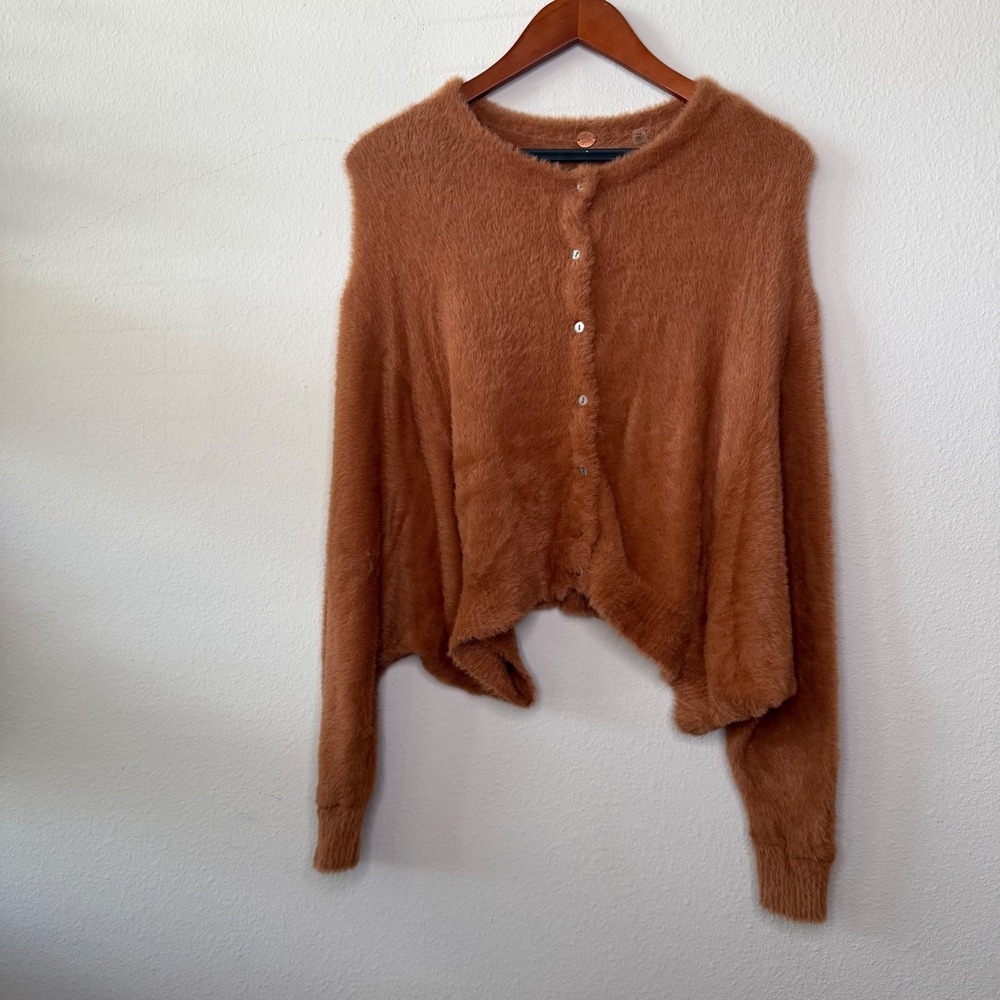 Free People Brown Faux Fur Cardigan Sweater Womens Medium Boho Cozy Chic